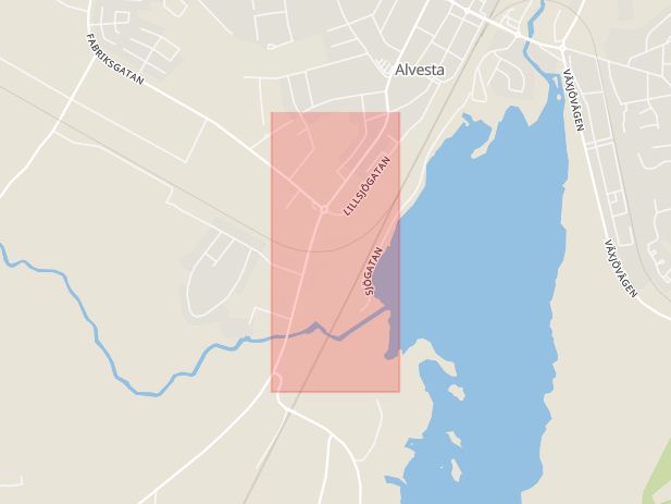 Karta som med röd fyrkant ramar in Blädingevägen, Alvesta, Kronobergs län