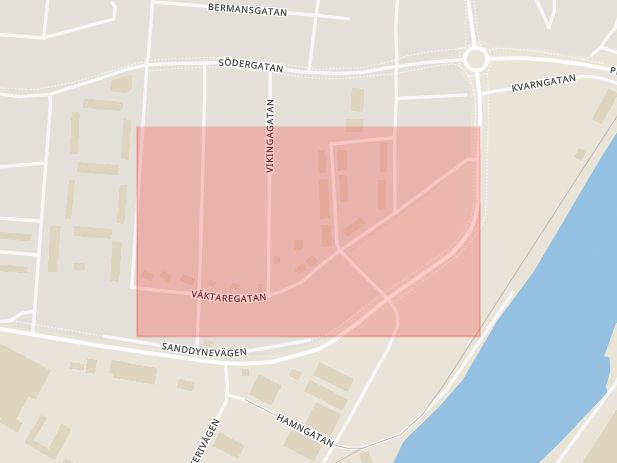 Karta som med röd fyrkant ramar in Väktaregatan, Falkenberg, Hallands län