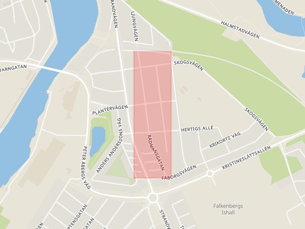 Karta som med röd fyrkant ramar in Falkenberg, Rådmansgatan, Halmstad, Pilefeltsgatan, Andersbergsringen, Hallands län