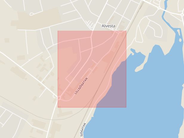 Karta som med röd fyrkant ramar in Lillsjögatan, Alvesta, Kronobergs län