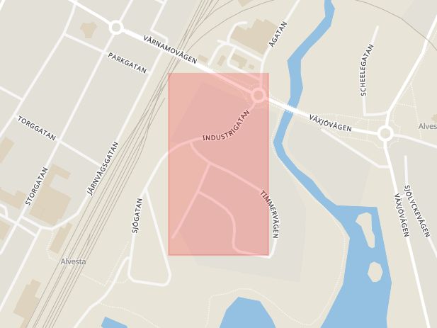Karta som med röd fyrkant ramar in Industrigatan, Alvesta, Kronobergs län