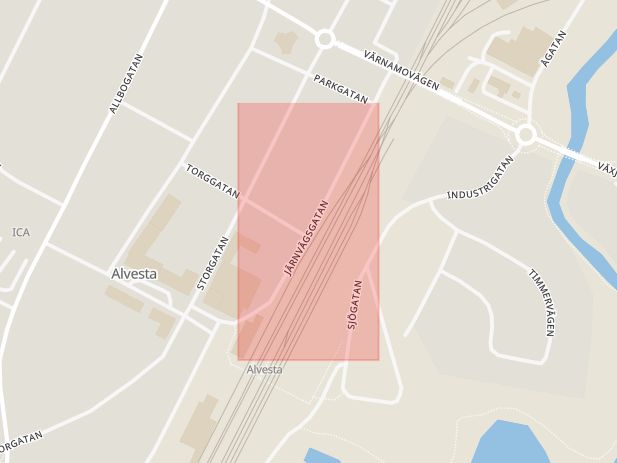 Karta som med röd fyrkant ramar in Järnvägsgatan, Torggatan, Alvesta, Kronobergs län