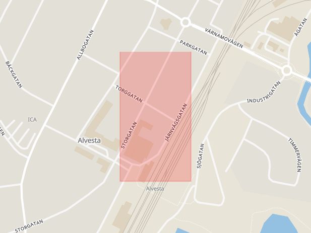 Karta som med röd fyrkant ramar in Järnvägsparken, Alvesta, Kronobergs län