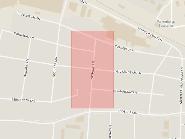 Karta som med röd fyrkant ramar in Falkenberg, Gjutängsvägen, Vegagatan, Hallands län