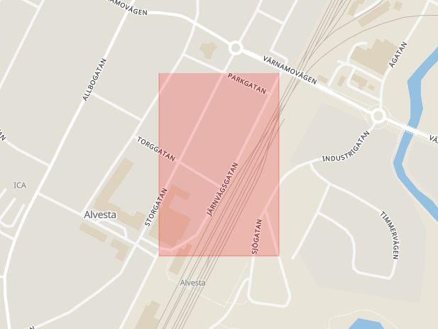 Karta som med röd fyrkant ramar in Järnvägsgatan, Alvesta, Kronobergs län