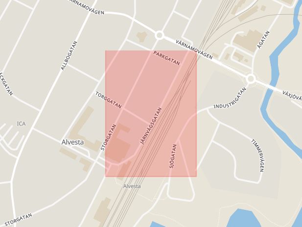Karta som med röd fyrkant ramar in Järnvägsgatan, Alvesta, Kronobergs län