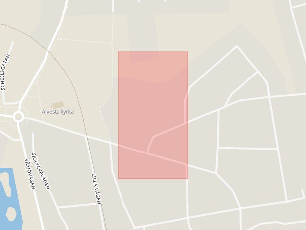 Karta som med röd fyrkant ramar in Stomvägen, Alvesta, Kronobergs län