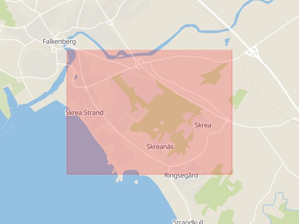 Karta som med röd fyrkant ramar in Strandvägen, Ringsegård, Falkenberg, Hallands län