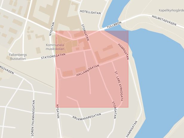 Karta som med röd fyrkant ramar in Hallanäsgatan, Falkenberg, Hallands län