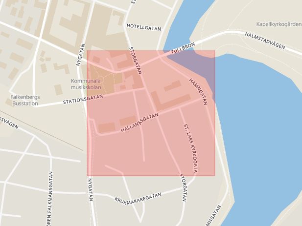 Karta som med röd fyrkant ramar in Bukärr, Hallanäsgatan, Hallands län