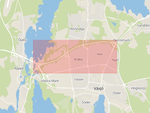 Karta som med röd fyrkant ramar in Norrleden, Växjö, Kronobergs län