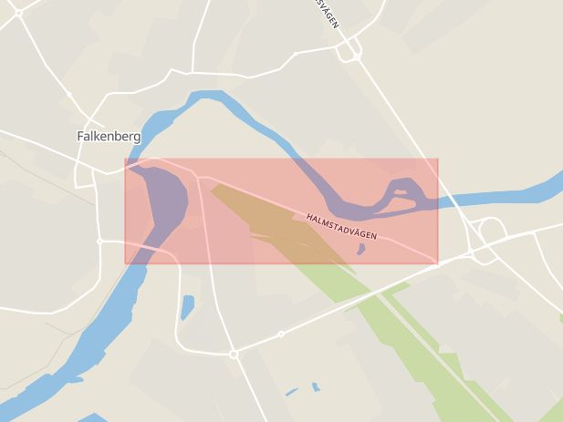 Karta som med röd fyrkant ramar in Halmstadvägen, Falkenberg, Hallands län