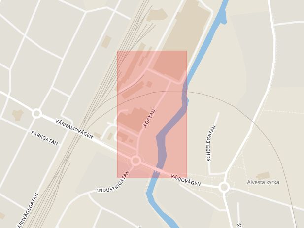 Karta som med röd fyrkant ramar in Ågatan, Alvesta, Kronobergs län