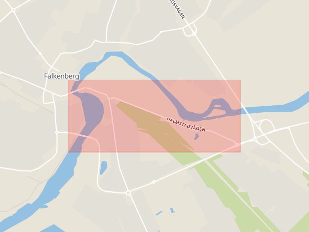 Karta som med röd fyrkant ramar in Halmstadsvägen, Andersbergsringen, Falkenberg, Varbergsvägen, Göteborgsvägen, Hallands län