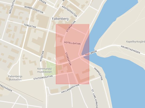 Karta som med röd fyrkant ramar in Halmstad, Andersbergsringen, Falkenberg, Brogatan, Hallands län