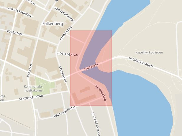 Karta som med röd fyrkant ramar in Tullbron, Falkenberg, Hallands län