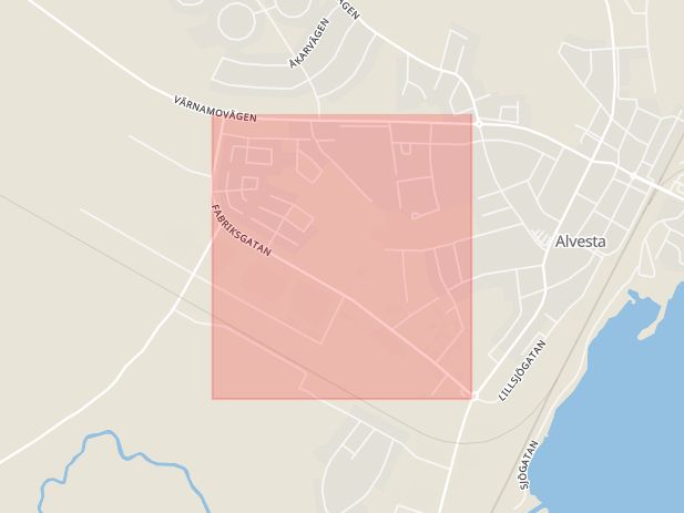 Karta som med röd fyrkant ramar in Fabriksgatan, Alvesta, Kronobergs län