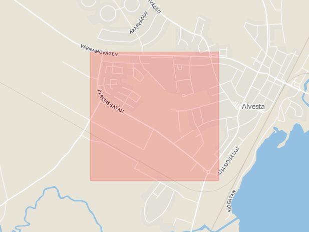 Karta som med röd fyrkant ramar in Fabriksgatan, Alvesta, Kronobergs län