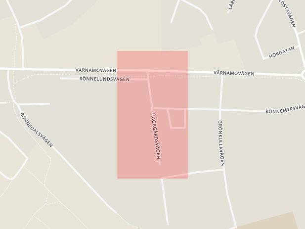 Karta som med röd fyrkant ramar in Hagagårdsvägen, Alvesta, Kronobergs län
