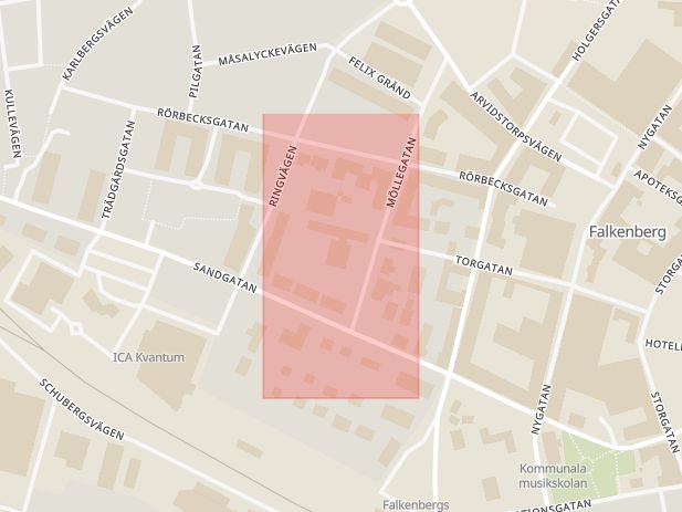 Karta som med röd fyrkant ramar in Falkenberg, Tågvägen, Varberg, Villagatan, Hallands län