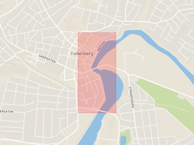 Karta som med röd fyrkant ramar in Storgatan, Falkenberg, Hallands län