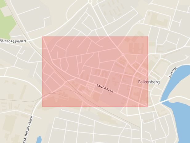 Karta som med röd fyrkant ramar in Sandgatan, Falkenberg, Hallands län