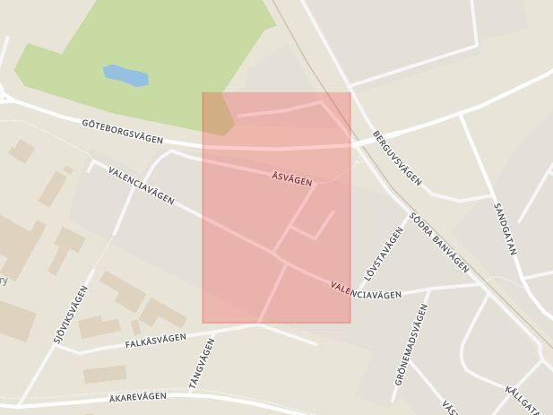 Karta som med röd fyrkant ramar in Falkenberg, Åsvägen, Hallands län
