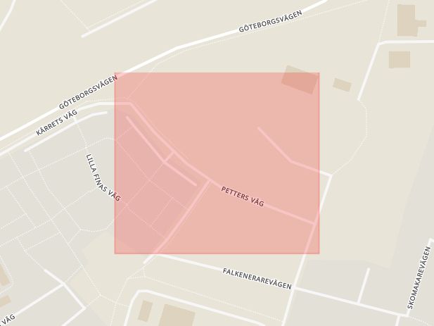 Karta som med röd fyrkant ramar in Petters Väg, Gärdet, Falkenberg, Hallands län
