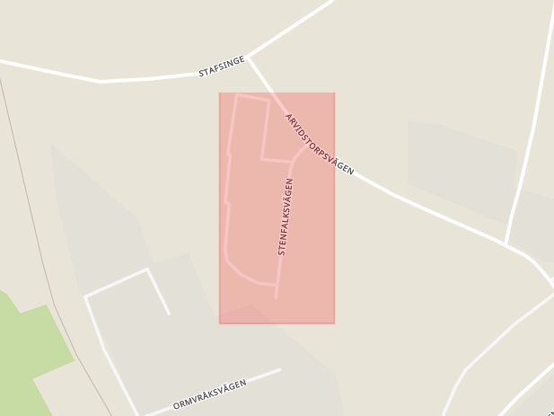 Karta som med röd fyrkant ramar in Stenfalksvägen, Falkenberg, Hallands län
