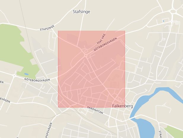 Karta som med röd fyrkant ramar in Arvidstorpsvägen, Falkenberg, Kärra, Varberg, Villastaden, Kungsbacka, Industrigatan, Laholm, Hallands län