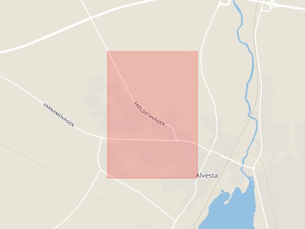 Karta som med röd fyrkant ramar in Sköldstavägen, Alvesta, Kronobergs län