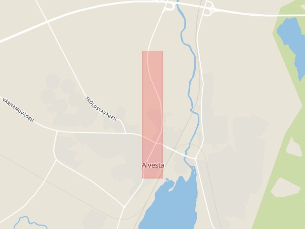 Karta som med röd fyrkant ramar in Allbogatan, Alvesta, Kronobergs län