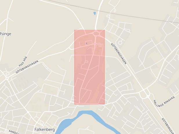 Karta som med röd fyrkant ramar in Lasarettsgatan, Varbergsvägen, Falkenberg, Hallands län