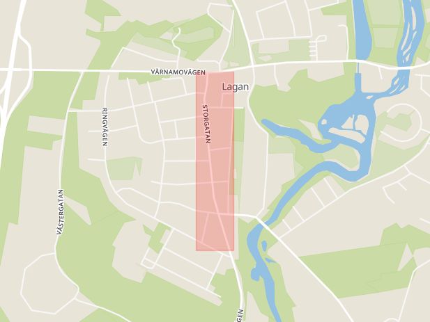 Karta som med röd fyrkant ramar in Storgatan, Lagan, Ljungby, Kronobergs län