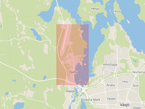 Karta som med röd fyrkant ramar in Trafikplats Öjaby, Växjö, Kronobergs län