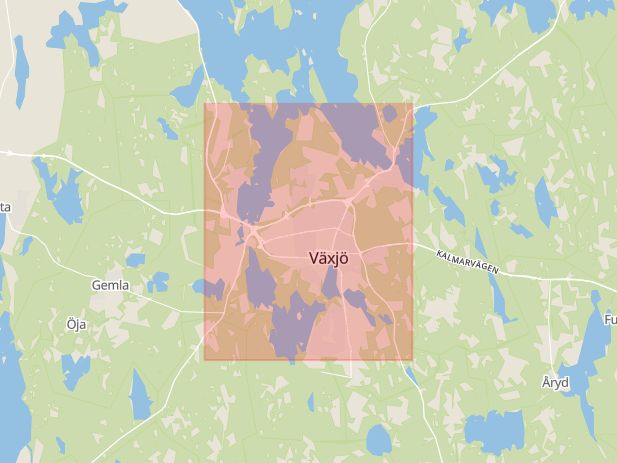 Karta som med röd fyrkant ramar in Ronnebyvägen, Fagrabäcksrondellen, Växjö, Kronobergs län
