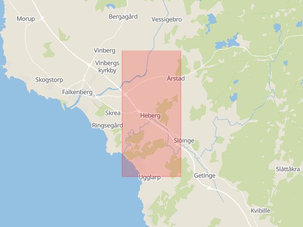 Karta som med röd fyrkant ramar in Falkenberg, Heberg, Halmstad, Hallands län