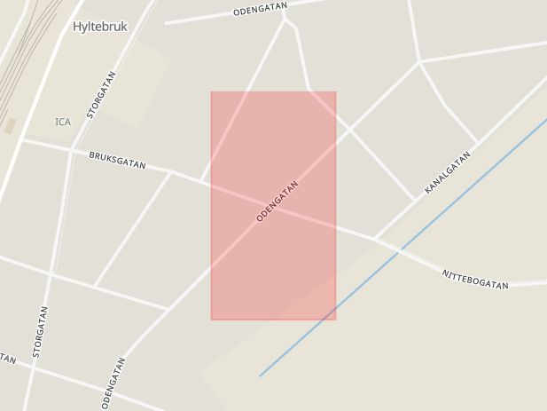 Karta som med röd fyrkant ramar in Bruksgatan, Verdandigatan, Hylte, Hallands län