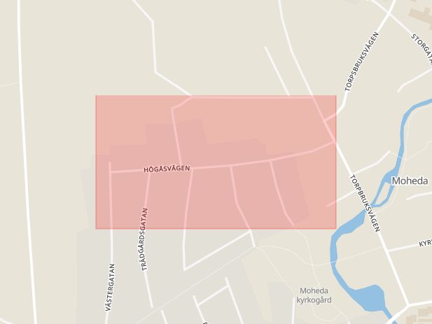 Karta som med röd fyrkant ramar in Moheda, Högåsvägen, Alvesta, Kronobergs län