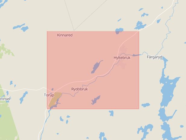 Karta som med röd fyrkant ramar in Nissastigen, Torup, Hylte, Hallands län