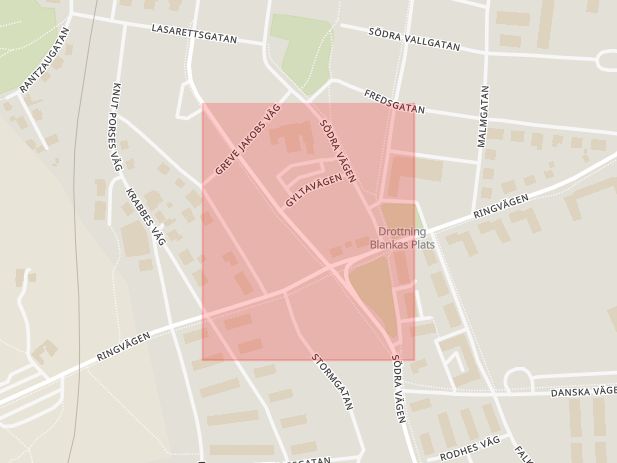 Karta som med röd fyrkant ramar in Rosenfredsgatan, Varberg, Hallands län