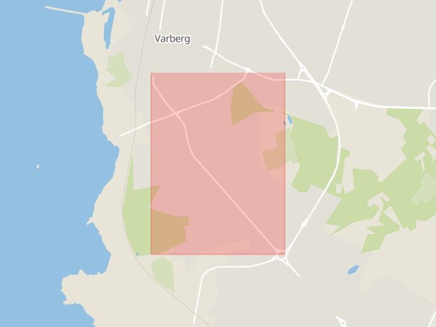 Karta som med röd fyrkant ramar in Södra Vägen, Varberg, Nygatan, Falkenberg, Hallands län