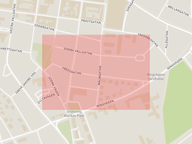 Karta som med röd fyrkant ramar in Polisvägen, Varberg, Fredsgatan, Hallands län