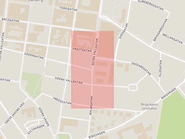 Karta som med röd fyrkant ramar in Södergatan, Östra Vallgatan, Varberg, Hallands län
