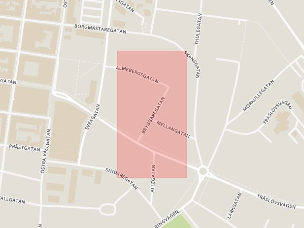 Karta som med röd fyrkant ramar in Varberg, Bryggaregatan, Hallands län