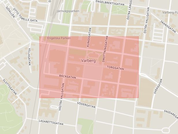 Karta som med röd fyrkant ramar in Bäckgatan, Varberg, Hallands län