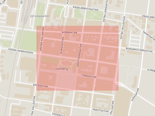 Karta som med röd fyrkant ramar in Kyrkogatan, Varberg, Hallands län