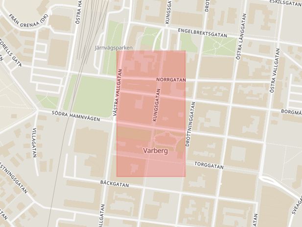 Karta som med röd fyrkant ramar in Varberg, Kungsgatan, Nyfiket, Koppen, Hallands län