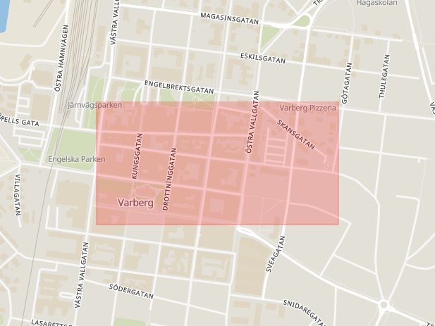 Karta som med röd fyrkant ramar in Varberg, Borgmästaregatan, Hallands län