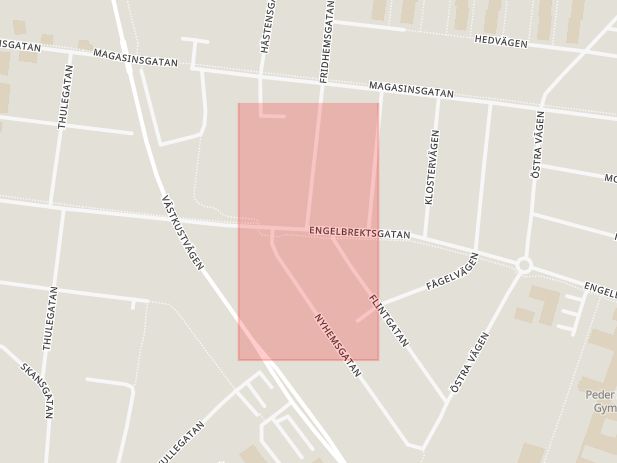 Karta som med röd fyrkant ramar in Engelbrektsgatan, Fridhemsgatan, Varberg, Hallands län